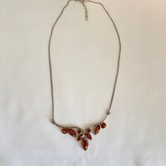 Sterling Silver and Cognac Amber Cabochons Bib Lavaliere Necklace - Picture 5 of 9